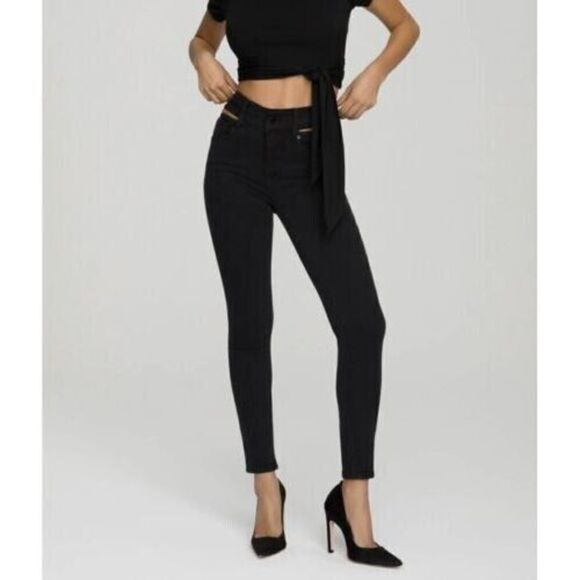 Good American Women's Sz 0/25 Black Good Legs w/Slit Waistband Skinny Jeans $159 - Picture 9 of 11